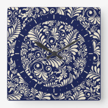 horloge murale style baroque, bleu marine et vanil