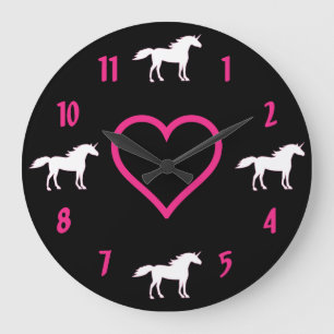 Horloge murale Unicorne ~ Rose chaud, noir et blan