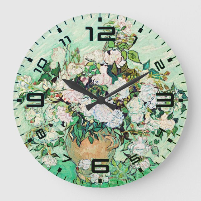 Horloge murale Van Gogh Roses – Élégance Menthe (Recto)