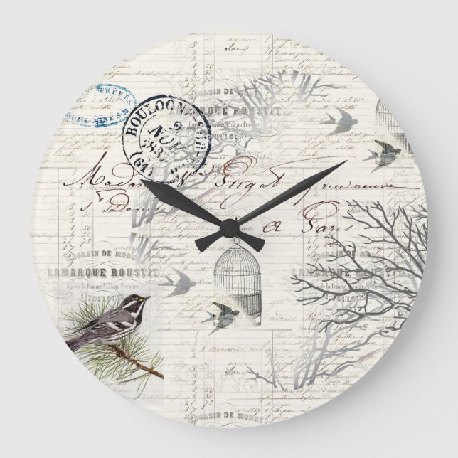 Horloge murale Vintage d'oiseaux et de branches (Recto)