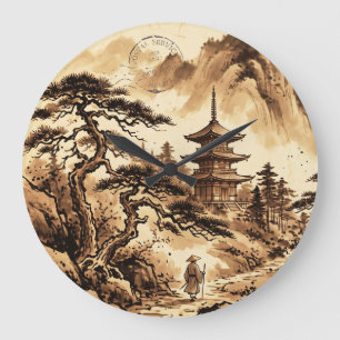 Horloge murale vintage pagode japonaise et pin