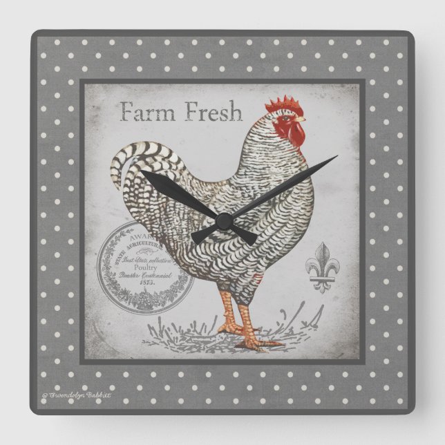 Horloge murale vintage Rooster en gris & crèmes (Recto)