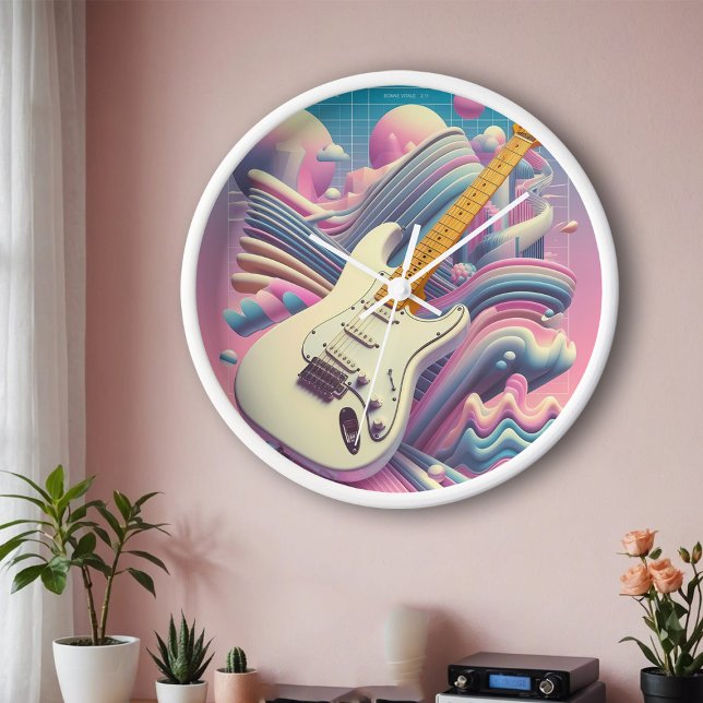 Horloge Musique de guitare électrique Pastel rose Y2K Vapo (Pastel vaporwave aesthetic electric guitar clock)