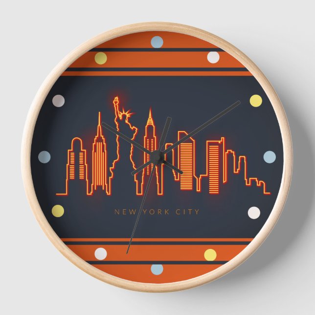 Horloge New York Skyline Orange Neon Look Mur (Recto)