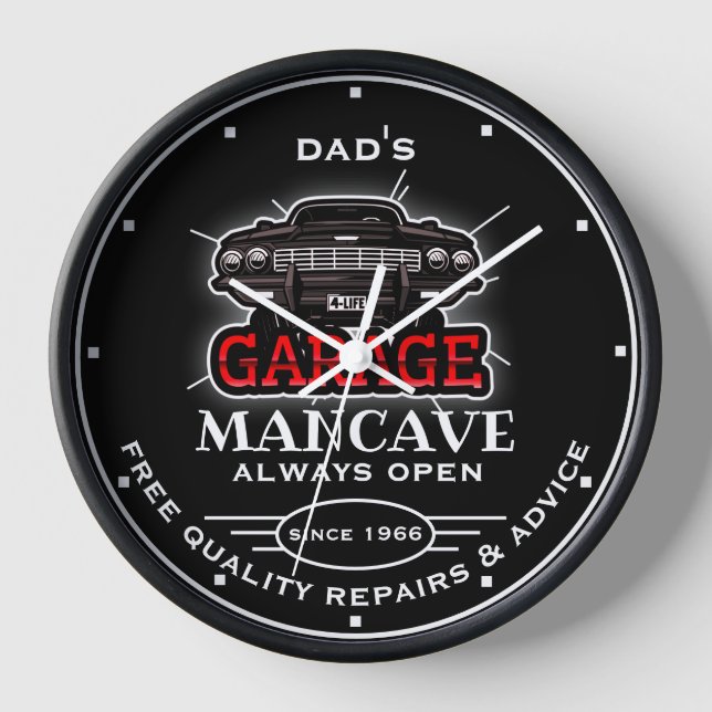 Horloge N'importe quel nom Garage Mancave Red Black Slogan (Recto)