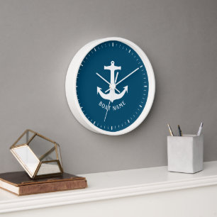 Horloge Nom de bateau minimaliste nautique bleu océan
