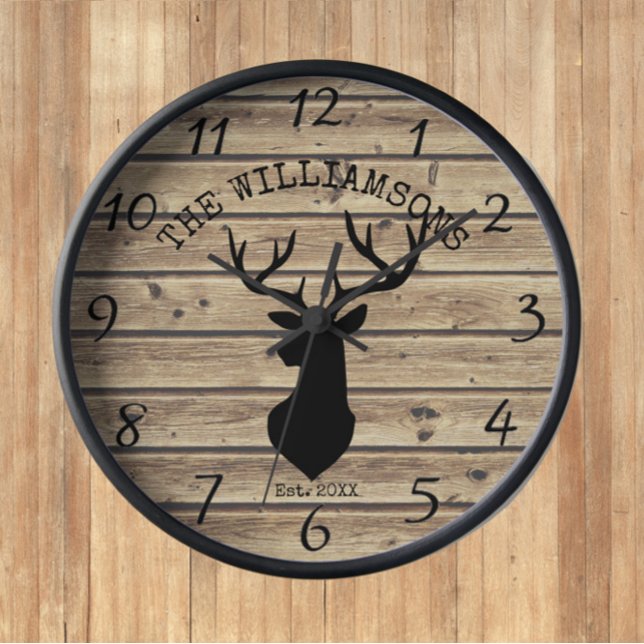 Horloge Nom de famille rustique Bois Cabane Cerf Buck Gran (Créateur téléchargé)