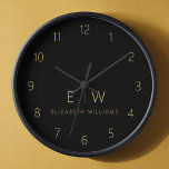 Horloge Nom de monogramme minimaliste en or noir classique<br><div class="desc">Améliorez votre décoration de maison avec notre horloge murale Monogramme minimaliste classique élégant et moderne. Ce magnifique garde-temps allie élégance intemporelle et minimalisme contemporain, élevant votre espace de vie à de nouveaux niveaux de sophistication. Réalisée avec précision et attention minutieuse aux détails, cette horloge murale est plus qu'un simple accessoire...</div>