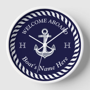 Horloge Nom du bateau nautique Ancre Corde Marine Bleu Bla