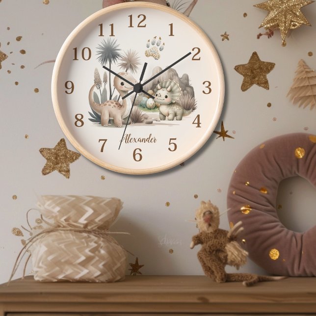 Horloge Nom personnalisé Boho Cute Dinosaur (Créateur téléchargé)
