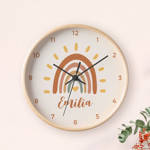 Horloge Nom personnalisé Boho Earth Tone Rainbow Sun