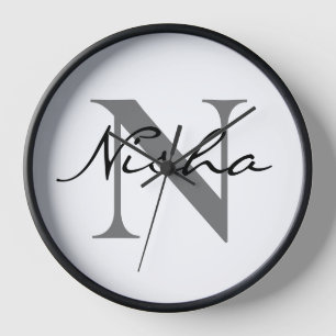 Horloge Nom personnalisé monogramme gris noir