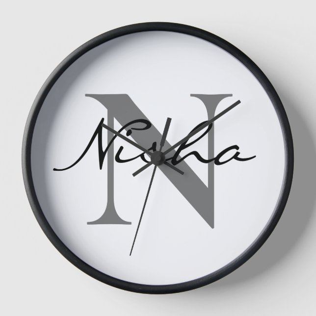 Horloge Nom personnalisé monogramme gris noir (Recto)