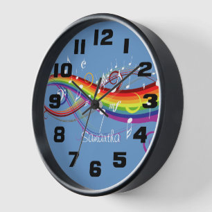 Horloge Notes de musique blanche arc-en-ciel personnalisée