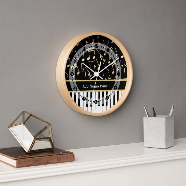Horloge Notes musicales et touches de piano Noir et Or (Bureau)