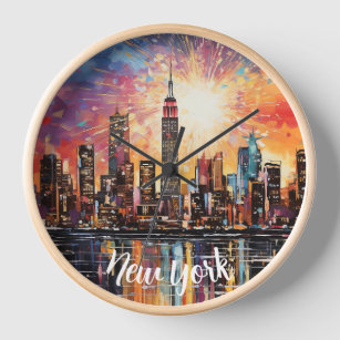 Horloge Nuit New York ville, Aquarelle, Coloré moderne