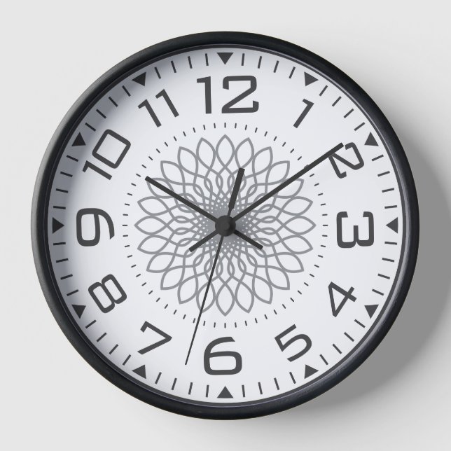 Horloge Numéros géométriques modernes en mandala noir et b (Recto)