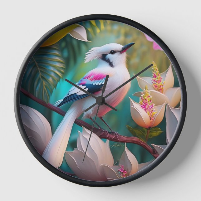 Horloge Oiseau d'Imaginaire tacheté blanc crêpé (Recto)