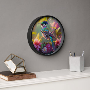 Horloge Oiseau fantastique à ailes arc-en-ciel et crête bl