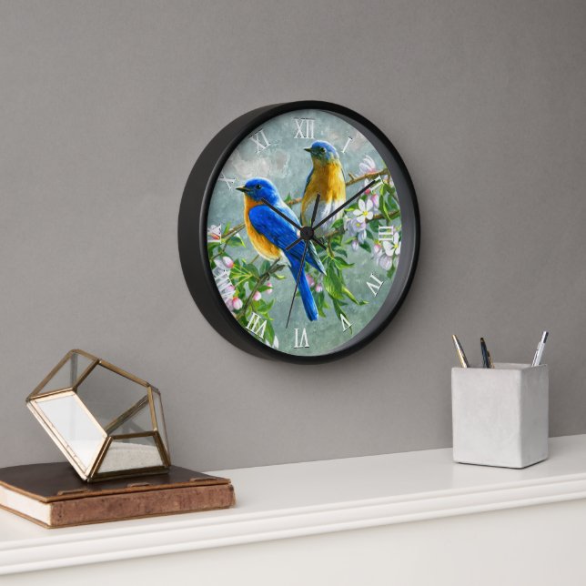 Horloge Oiseaux bleus jaunes Cerisier Fleur Arbre Peinture (Bureau)