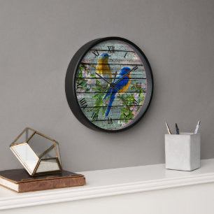 Horloge Oiseaux bleus jaunes Cerisier Fleur Arbre Peinture