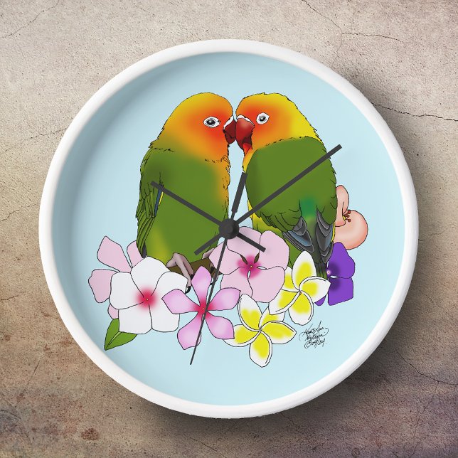 Horloge Oiseaux d'amour Fleurs tropicales (Créateur téléchargé)