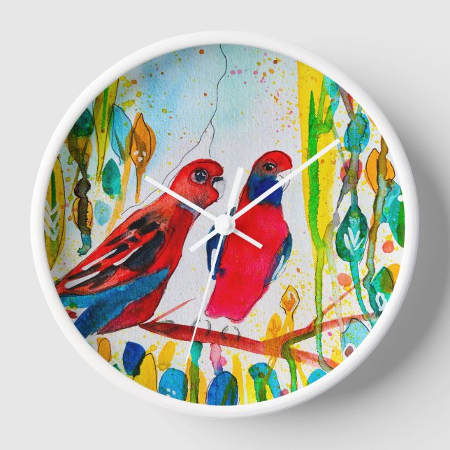 Horloge Oiseaux de Rosella dans l'art de l'aquarelle des a (Recto)