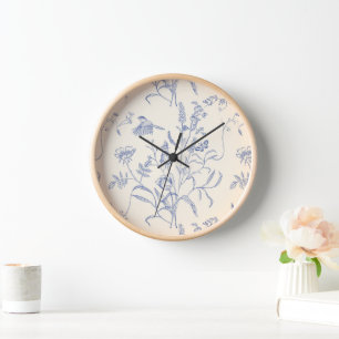 Horloge Oiseaux et fleurs bleus vintages Botanique