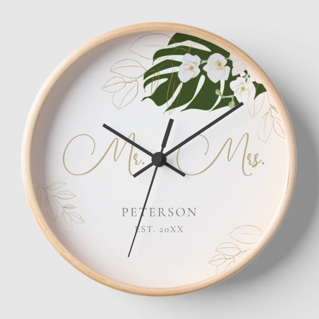 Horloge Orchidées de feuilles tropicales Mariage Anniversa (Recto)