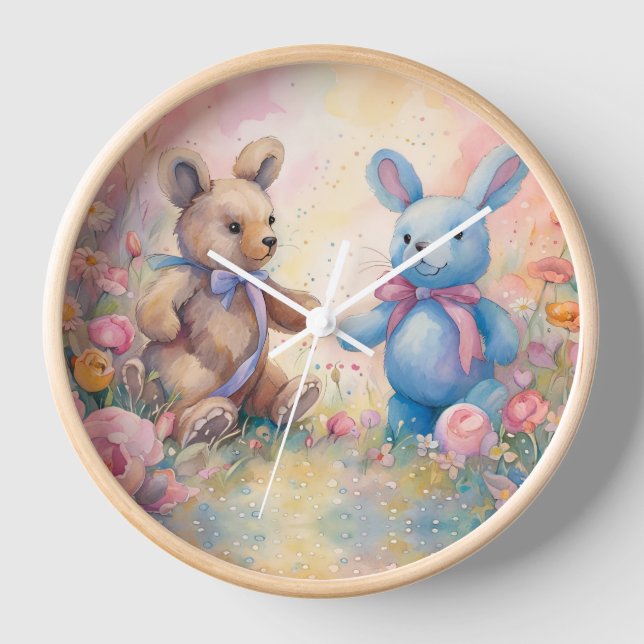 Horloge Ours en peluche et lapin dans un jardin pastel (Recto)
