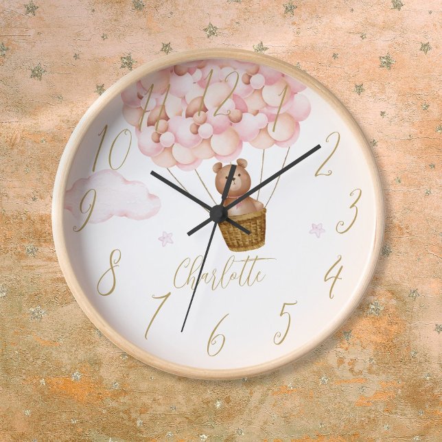 Horloge Ours En Teddy Et Ballons Roses Personnalisés (Teddy Bear And Pink Balloons Personalized Clock)