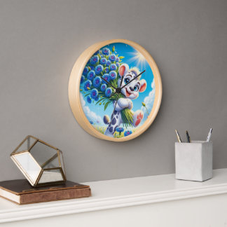 Horloge Ours joyeux avec des fleurs bleues