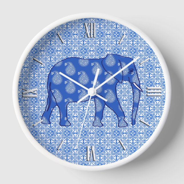 Horloge Paisley elephant - cobalt blue and white (Recto)