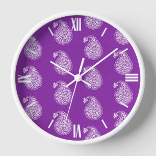 Horloge Paisley perse - blanc sur violet