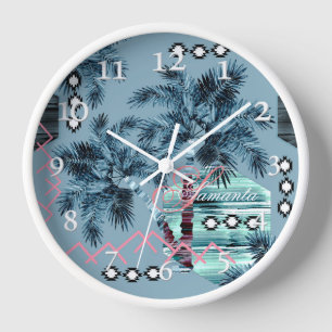 Horloge Palm Hawaiian bleu noir monogramme personnalisé