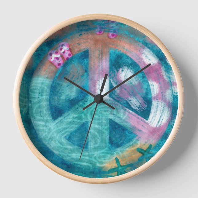 Horloge Panneau de Paix Plage Art Abstrait Turquoise rose  (Recto)