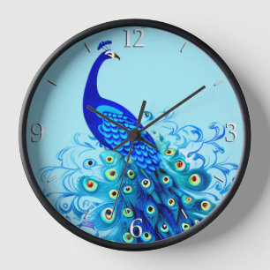 Horloge Paon en turquoise, bleu de cobalt et aqua