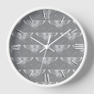 Horloge Papillon Art déco stylisé, tons gris / gris