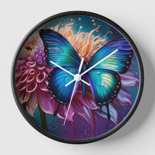 Horloge Papillon bleu et Dahlia