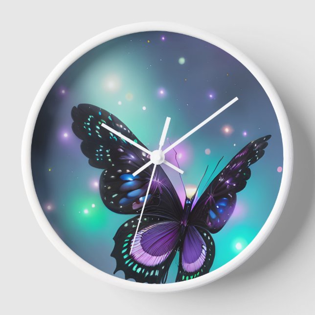 Horloge Papillon bleu violet et Turquoise (Recto)