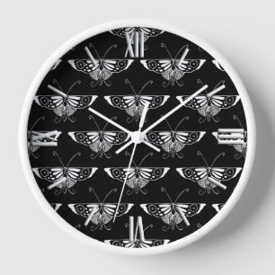 Horloge Papillon déco stylisé - noir et blanc