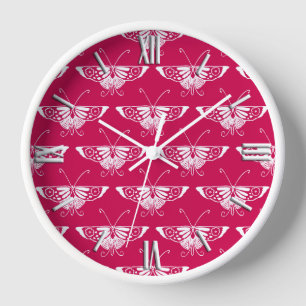 Horloge Papillon déco stylisé - rose fuchsia
