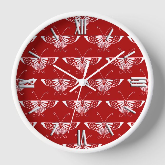 Horloge Papillon déco stylisé - rouge foncé et blanc (Recto)