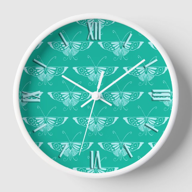 Horloge Papillon déco stylisé - turquoise et aqua (Recto)