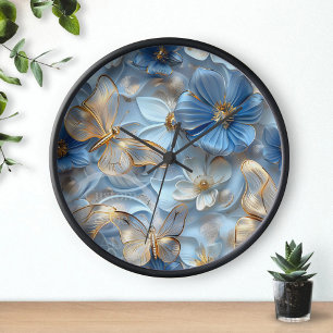 Horloge Papillons D'Or En Verre Bleu Sur L'Art 3D Fleur