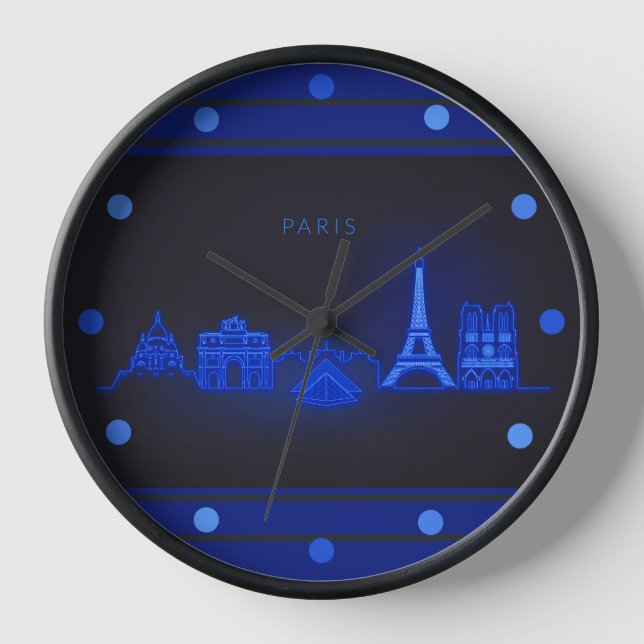 Horloge Paris Skline Neon Blue Look Cityscape Wall Round (Recto)