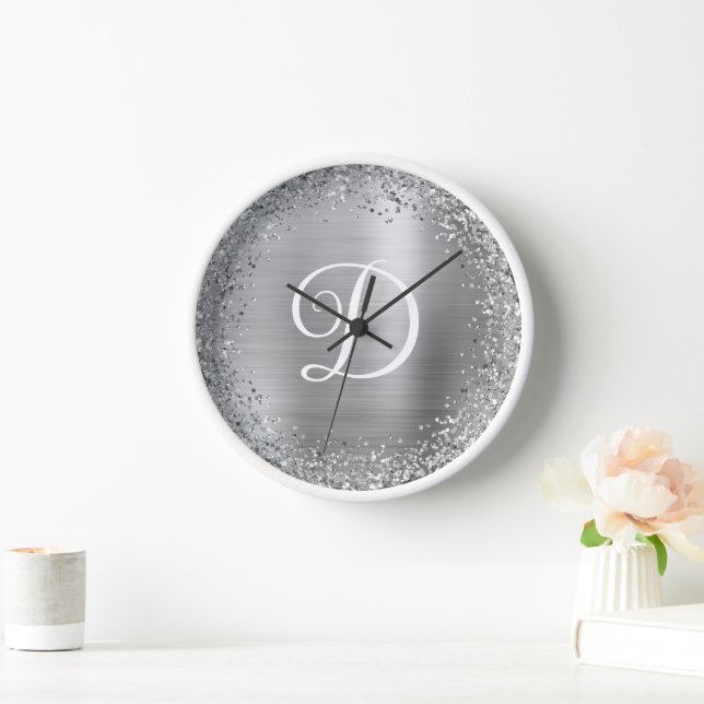 Horloge Parties scintillant d'argent circulaire et monogra (Maison)