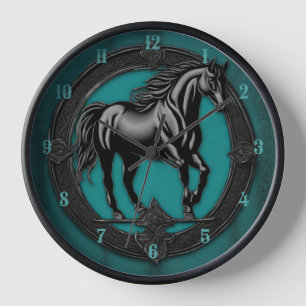 Horloge Pays de l'Ouest équestre Turquoise Cheval noir