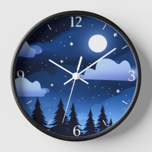 Horloge Paysage lunaire avec étoiles et pins