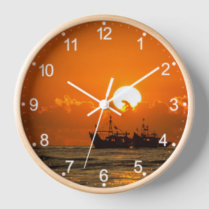 Horloge Paysage Naturel Coucher de Soleil avec Bateau-6846